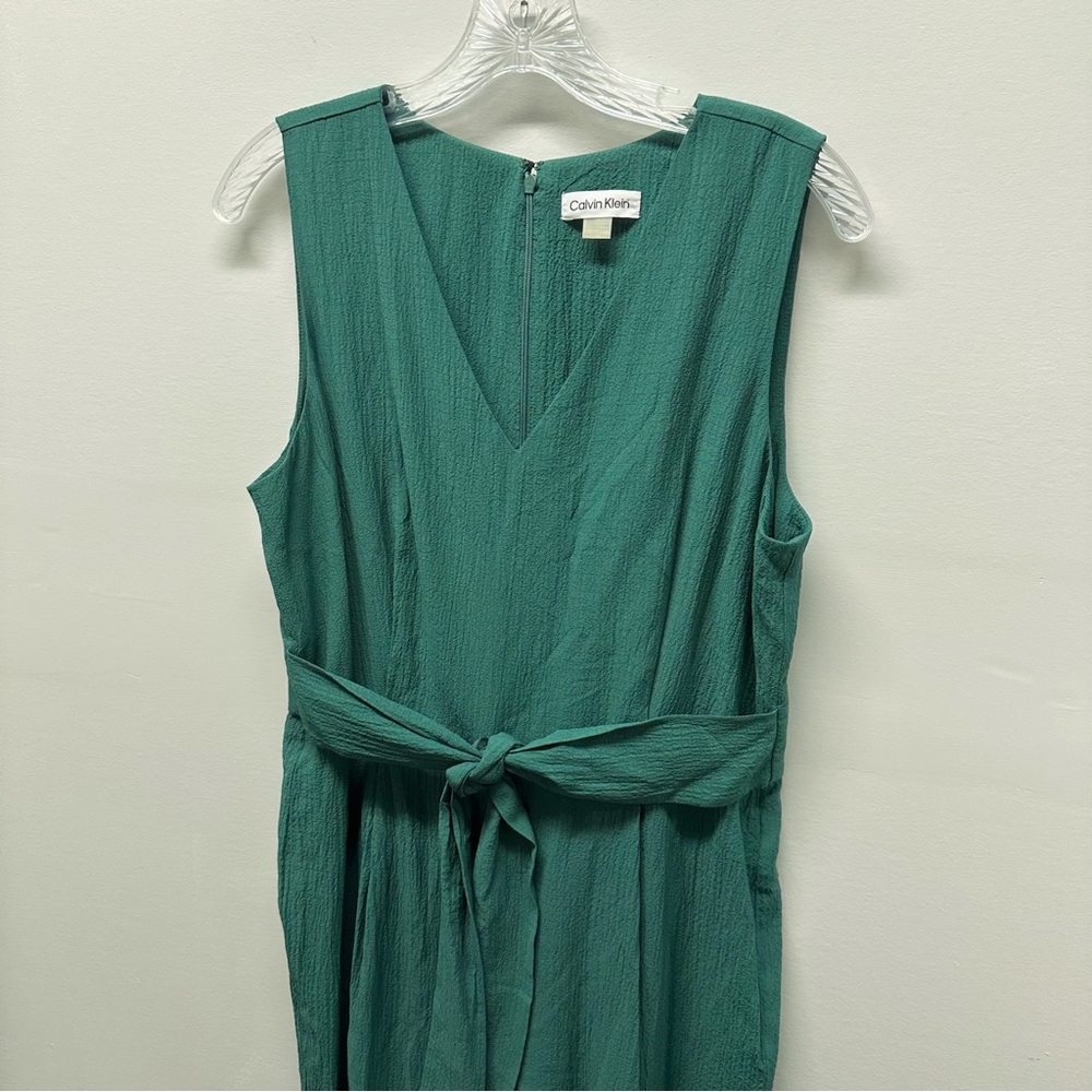 Calvin Klein Sleeveless Wide Leg Jumpsuit | Green, V-Neck, Tie belt, Crepe Sz 14 - Picture 4 of 16